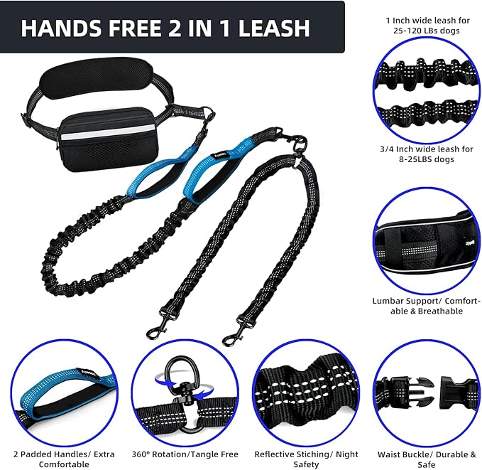 Uppetly Hands Free 2 Dog Running Leash with Waist Belt, Dual Handle Elastic Bungees Retractable Rope for Small and Medium Dogs, Reflective Stitches for Walking Hiking Biking (Small Blue, 8-25lb)