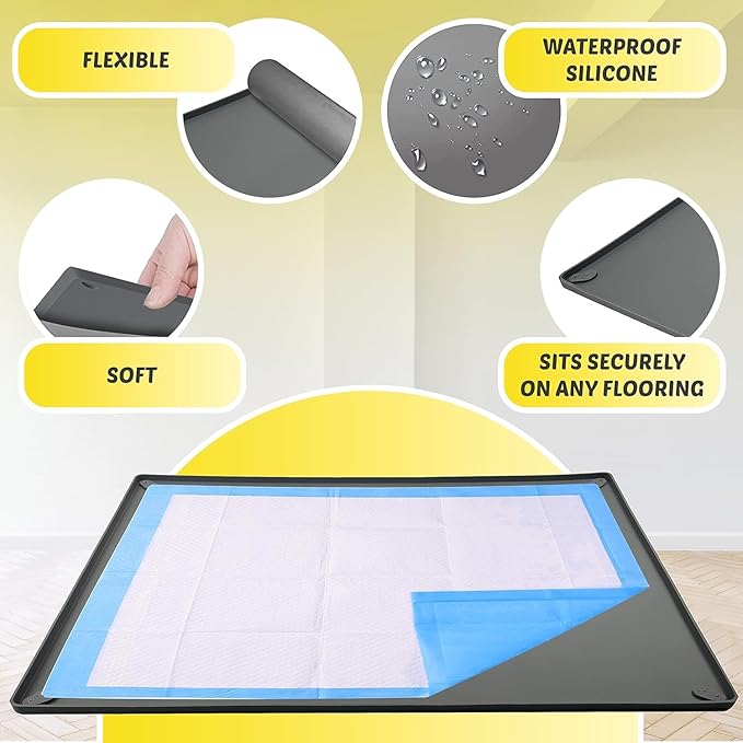 TidyFriend 2 Pk Pee Pad Holder Tray for 28” x 23” Pee Pads with Corner Lock Holes, Raised Edges, Non-Spill, Easy to Clean Silicone Dog Potty Tray Holder, for Indoor Floor Protection (Grey)