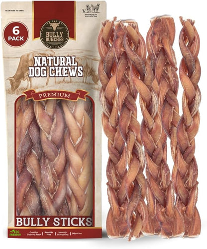 Bully Bunches All Natural 12" Standard Braided Bully Sticks - Odour Free, Rawhide Free, Chemical Free - Safe, Long Lasting Thick Beef Dog Chews - Fully Digestible Treat for Small and Medium Dogs, 6 Pk