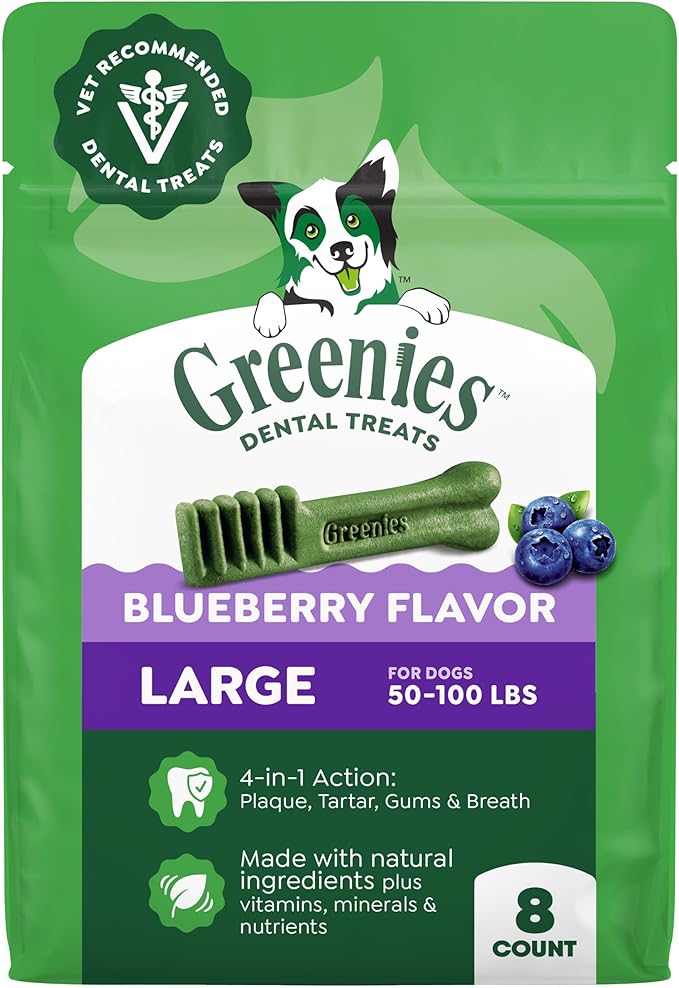 Greenies Dog Treats, Veterinarian-Recommended Natural Dental Dog Treats, Large Size, Blueberry Flavor, 12 oz. Pack, 8 Count