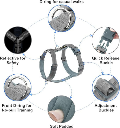 Plutus Pet No Pull Dog Harness, Adjustable Nylon Harness with Soft Padding, Reflective and Heavy Duty Dog Harness for Small, Medium, Large Dogs(Gray, M)