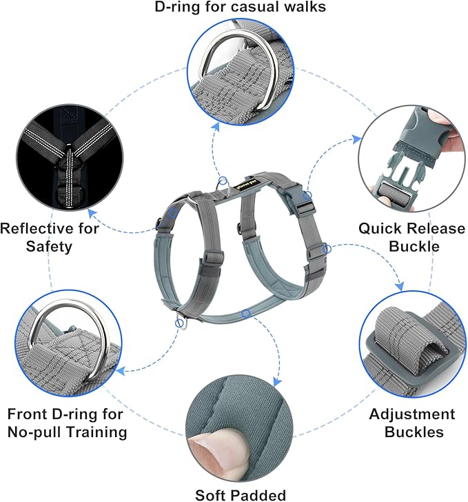 Plutus Pet No Pull Dog Harness, Adjustable Nylon Harness with Soft Padding, Reflective and Heavy Duty Dog Harness for Small, Medium, Large Dogs(Gray, S)