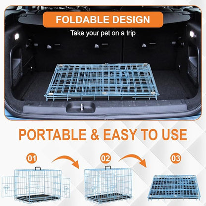 Wire Dog Crate 24 Inch Dog Kennel Cage, Double Door Folding Dog Cage, Wire Dog Kennel with Removable Tray, Indoor&Outdoor,Blue