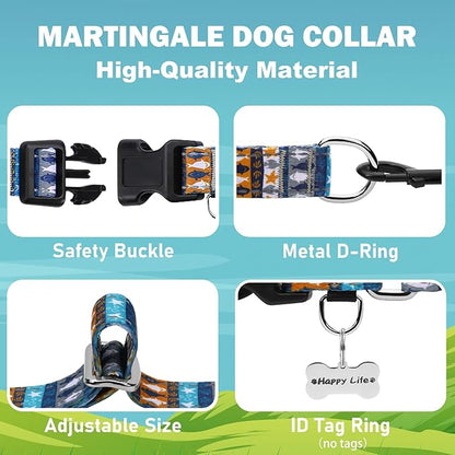 Reflective Martingale Collar with Buckle Shark Starfish Ethnic Stripe Adjustable Designer Dog Collars (Underwater World, Small)
