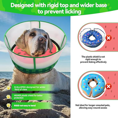 Upgraded Inflatable Dog Cone Collar with Transparent Anti-Licking Shield, Adjustable Elizabethan Collar for Medium Large Dogs, 2-in-1 Design with Detachable Shield and Soft Padding (M, Watermelon)