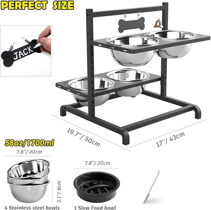 SHAINFUN Elevated Dog Bowl Stand with 4 Stainless Steel Bowls (58oz) & 1 Slow Feeder, 9 Height Adjustable Raised Dog Bowl from 4.9" to 14.5" for Large Dogs & Multi-Pet Homes