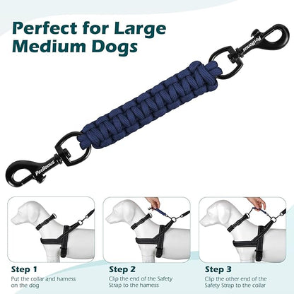 PetBonus Dog Collar Safety Clip, Handmade Backup Safety Strap for Dog Harness, Prong, Pinch Collar, Double Ended Clasp Leash Connector (Navy Blue)