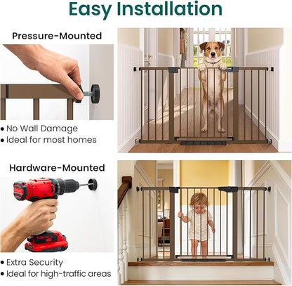 Cumbor 30-54" Extra Wide Baby Gate for Stairs, Dual Lock & Self-Closing Dog Gate Indoor, Easy Install Pet Gate for Doorways, Hallways & Kitchen, Easy Walk Thru Safety Proofing for Babies & Pets, Brown