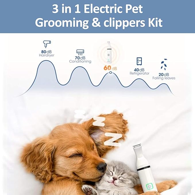 Luxuz 3-in-1 Dog & Cat Grooming Kit, Rechargeable Quiet Pet Clippers with Nail Grinder & Paw Trimmer, Cordless Low-Noise Electric Grooming Trimmer with Guide Combs for Small Medium Pets