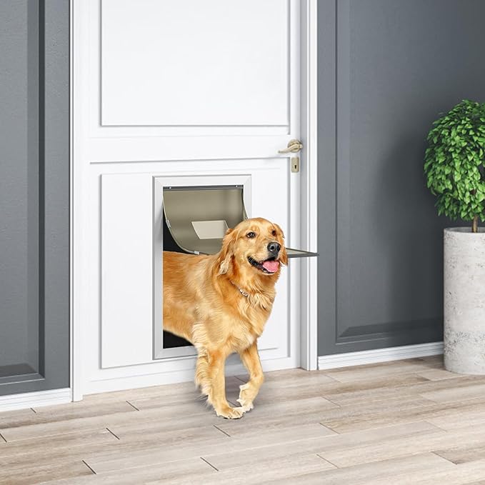 Extra Large Dog Door, XL Dog Door with Self-Closing Insulated Flaps for Extreme Weather, Heavy Duty Aluminum XXL Dogs Doors for Pets Up to 230LBS, for Interior & Exterior Doors, X-Large, Sliver