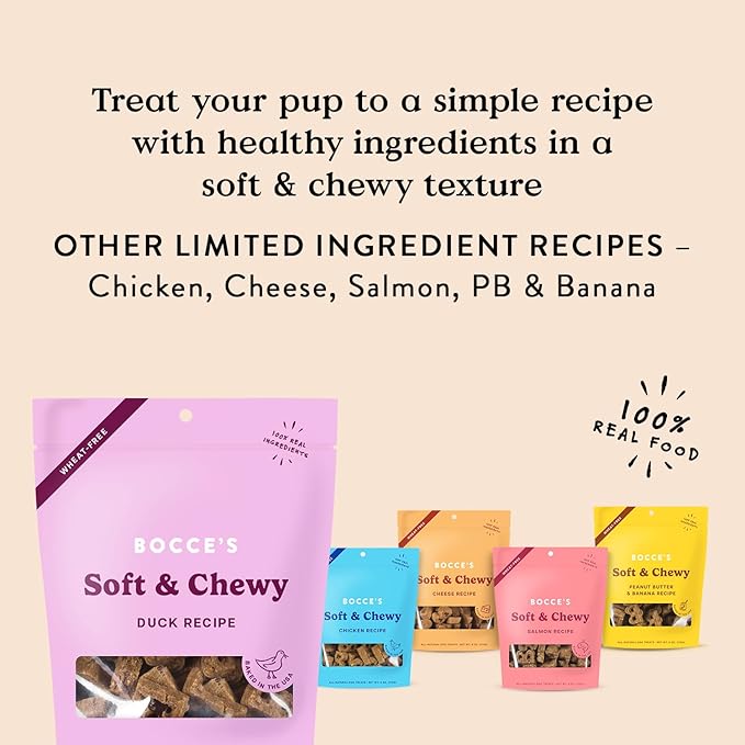 Bocce's Bakery Oven Baked Duck Recipe Treats for Dogs, Wheat-Free Everyday Dog Treats, Made with Real Ingredients, Baked in The USA, Natural Soft & Chewy Cookies, Duck, 6 oz