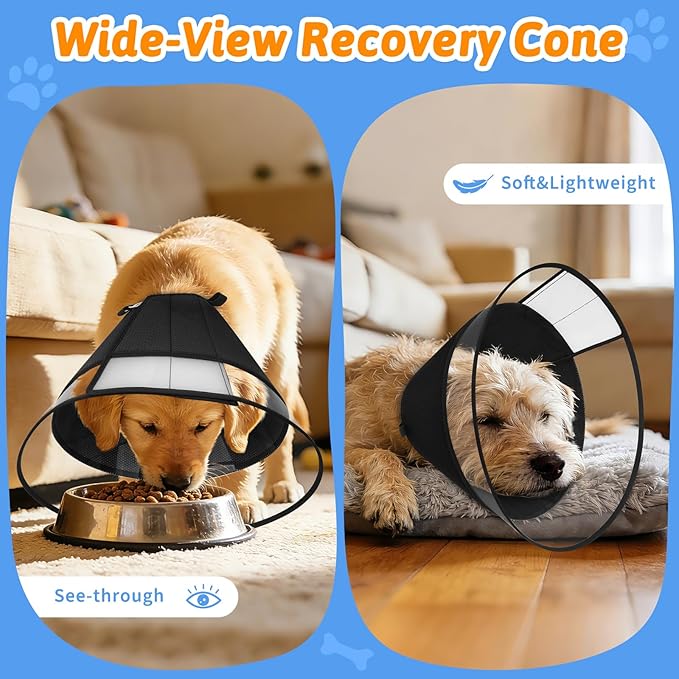 Dog Cone Collar, Clear Soft Cone for Dogs After Surgery to Stop Licking, Breathable Mesh Recovery Collar with Elastic Loop for Snug Fit, Adjustable E-Collar for Large Dogs, Black Size 6