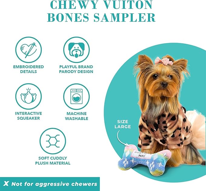 Haute Diggity Dog Chewy Vuiton Bones Plush Squeaky Dog Toys, Soft Durable Designer-Inspired Stuffed Puppy Chew Toys for Small & Medium Dogs, Machine-Washable (Assorted Colors) One Size, 4 Pcs