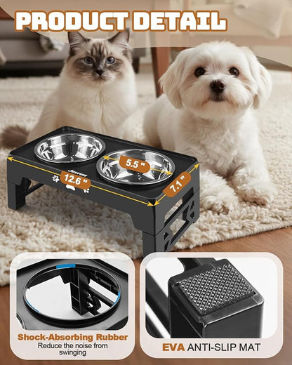 Jovrun Elevated Dog Bowls for Small Dogs and Cats, Non-Slip Cat Bowls with 2 Thick 5.5" Stainless Steel Dishes, Dog Feeder 2 Heights Adjustable to 2.6"-5.3"