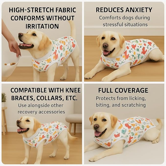 PetWarm Post Neuter Surgery Suit for Dogs Male, E Collar Alternative for Dogs After Surgery, Anti-Licking Dog Surgery Recovery Suit Dog Bodysuit, Dinosaur Pattern, White, 2XL