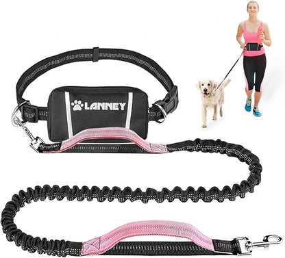LANNEY Hands Free Dog Leash, Waist Running Leash with Zipper, Walking Pouch for Medium Large Dogs, Dual Handle and Retractable Bungee for Training Jogging Hiking(25-120 lbs, Pink)