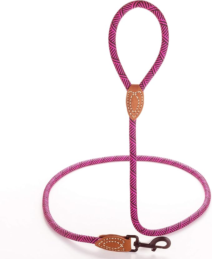 Mile High Life Rope Leash with Genuine Leather Connection, 6 FT/5 FT/4 FT, Heavy Duty Leash for Medium & Large Dogs (Hot Pink, 72 Inch)