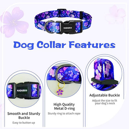 Kazazoo Dog Collar Cute and Soft Nylon Puppy Collar Girl, Adjustable Dog Collars for Small Medium Dogs, Purple Flowers-S