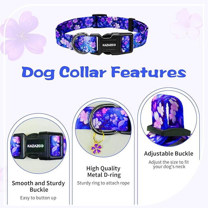 Kazazoo Dog Collar Cute and Soft Nylon Puppy Collar Girl, Adjustable Dog Collars for Small Medium Dogs, Purple Flowers-M