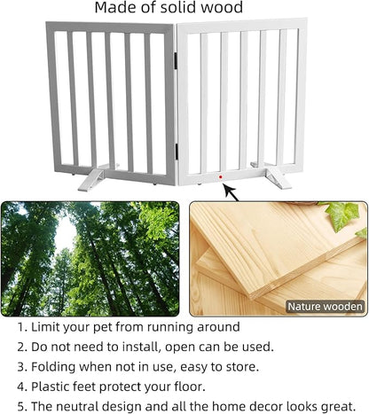 Dog Gate Indoor, Freestanding Dog Fence for The House, Doorways, Hallways,or Stairs,Pet Gate Foldable Wooden,Expandable 24" Height 2 Panels,White