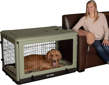 Pet Gear “The Other Door” 4 Door Steel Crate for Dogs/Cats with Garage-Style Door, Includes Plush Bed + Travel Bag, No Tools Required, Sage, 42 Inch