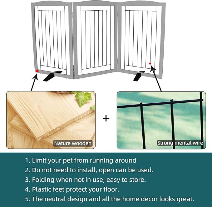 ZJSF Freestanding Dog Fence Indoor, Foldable Dog Gate for Doorways, Stairs or Hallways, Sturdy Wood Extra Wide Pet Gate with Support Feet for The House, Grey, 32 "Height-3 Panels