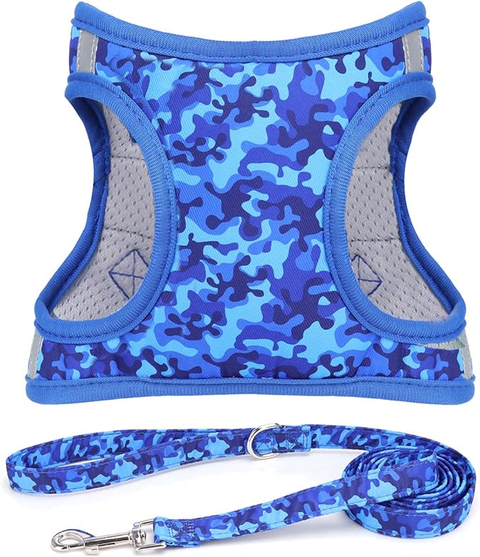 Moonpet Step in Air Boy Dog Harness Leash Set- All Weather Reflective No-Pull Padded Mesh Vest Harness for Cats Puppy Extra-Small Small Medium Large Dogs - Blue Camouflage - S