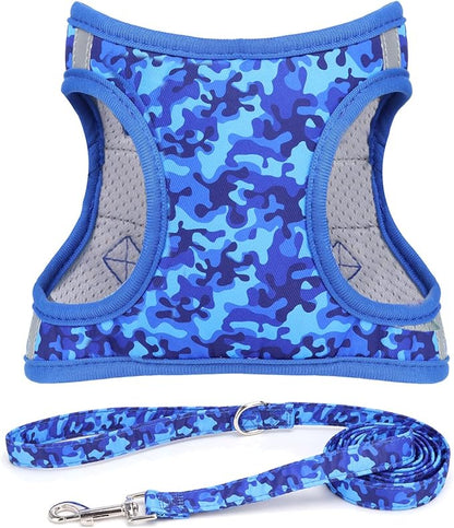 Moonpet Step in Air Boy Dog Harness Leash Set- All Weather Reflective No-Pull Padded Mesh Vest Harness for Cats Puppy Extra-Small Small Medium Large Dogs - Blue Camouflage - S