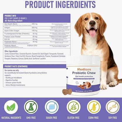 Dog Probiotics Probiotics for Dogs - Digestive Enzymes for Gut Flora, Digestive Health, Diarrhea & Bowel Support - Dog Supplement Soft Chew for Pet Immune System -（40ct ）