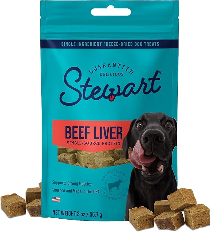 Stewart 100% Beef Liver Dog Treats, 2 oz Pouch, ~45 Pieces, Freeze Dried Raw, Single Ingredient, 50% Protein Training Treats or Meal Topper, Grain Free, Gluten Free
