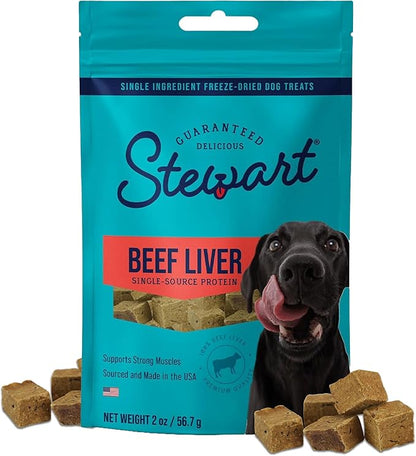 Stewart 100% Beef Liver Dog Treats, 2 oz Pouch, ~45 Pieces, Freeze Dried Raw, Single Ingredient, 50% Protein Training Treats or Meal Topper, Grain Free, Gluten Free
