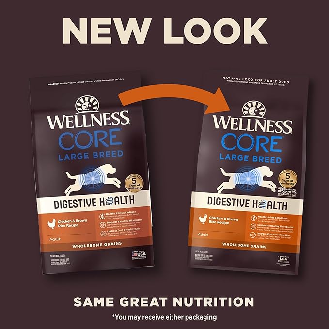 Wellness CORE Digestive Health Large Breed Adult Dry Dog Food, Wholesome Grain Kibble, Sensitive Stomach, Natural, High Protein, Chicken and Brown Rice Recipe, 24 lb Bag