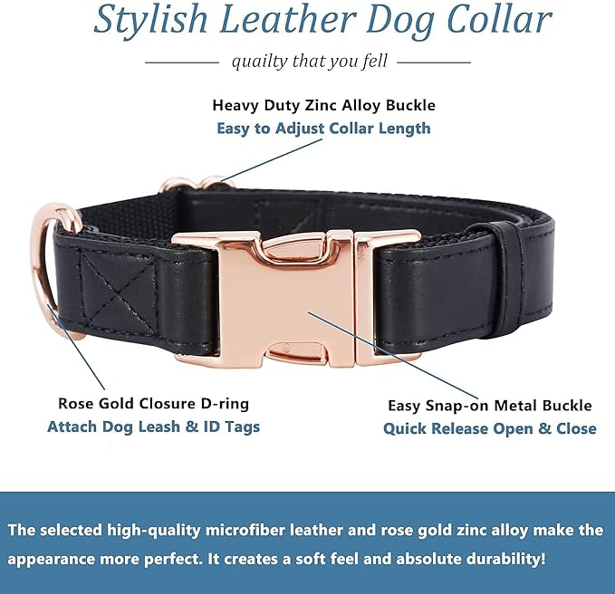Dog Collar and Leash Set.Soft and Easy to Clean Vegan Leather with Rose Gold Metal Buckle for Small Medium Large Dogs (Black, S(12.2"-16.9"))