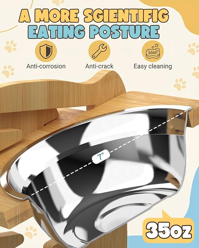 Jovrun Elevated Dog Bowls, Adjustable Raised Dog Bowl Stand for Medium Size Dogs, 15°Tilted Elevated Dog Bowls, Durable Bamboo Dogs Feeder with 2 Stainless Steel Bowls and Non-Slip Feet