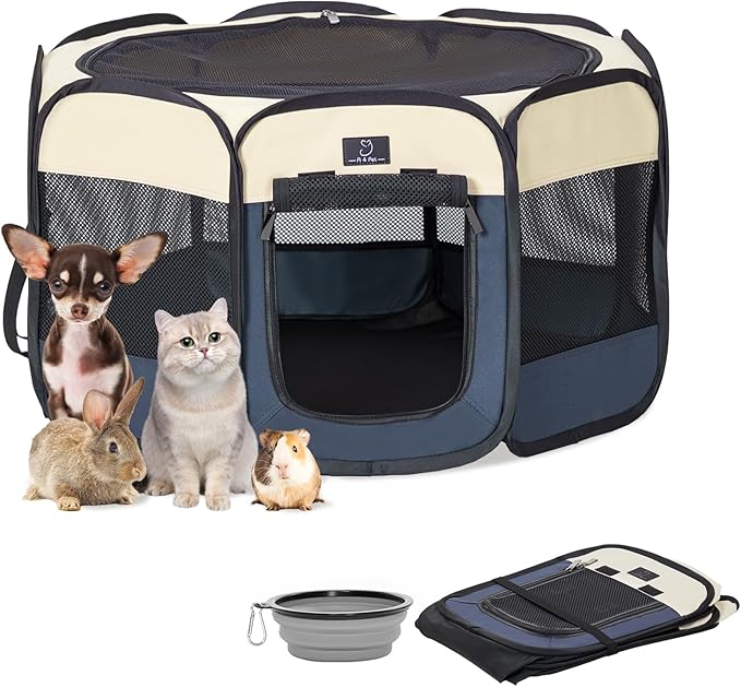 Dog Playpen for Small Dogs & Puppies, 29.92" Portable Indoor Outdoor Puppy Playpen with Bowl, Waterproof Floor, Foldable Pop-Up Pet Pen for Home, Travel & Daily Use, Blue+Beige