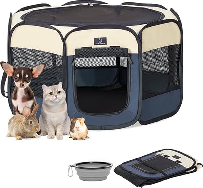 Dog Playpen for Small Dogs & Puppies, 29.92" Portable Indoor Outdoor Puppy Playpen with Bowl, Waterproof Floor, Foldable Pop-Up Pet Pen for Home, Travel & Daily Use, Blue+Beige
