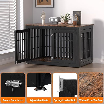 Snuowu 48" Heavy Duty Dog Crate Furniture for Small,Medium and Large Dogs,Rustic Wooden Dog Cage Kennel Indoor Furniture with Waterproof Top,Decorative Pet House Side End Table (Black & Wood)