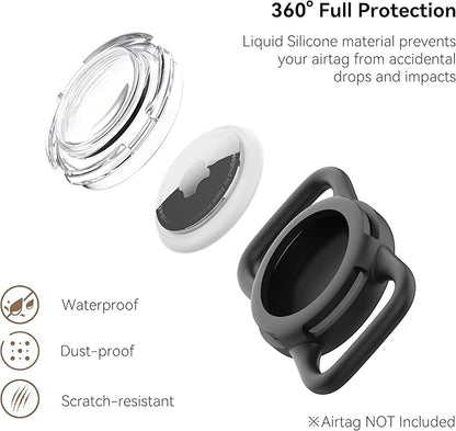 Waterproof Airtag Dog Collar Holder, Silicone & ABS Airtag Holder for Dog & Cat Collars, Ultra-Durable, Lightweight and Protective Airtag Case (Black & Rose, Regular)