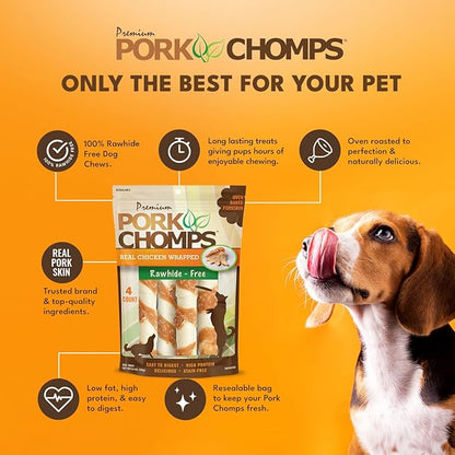 Pork Chomps Baked Pork Skin Dog Chews, 6 Inch Twists, 4 Count - Real Chicken Wrap - Long-Lasting Treats for Dogs - High Protein, Rawhide-Free, Low Fat, Healthy & Delicious Chews