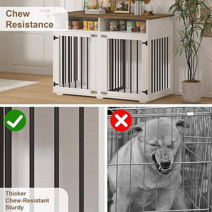 REVOMINCA 41" Dog Crate Furniture with Removable Divider, Decorative Dog Kennel with Storage Compartment, Heavy-Duty Indoor Dog Cage for 2 Small Dogs or 1 Medium, White