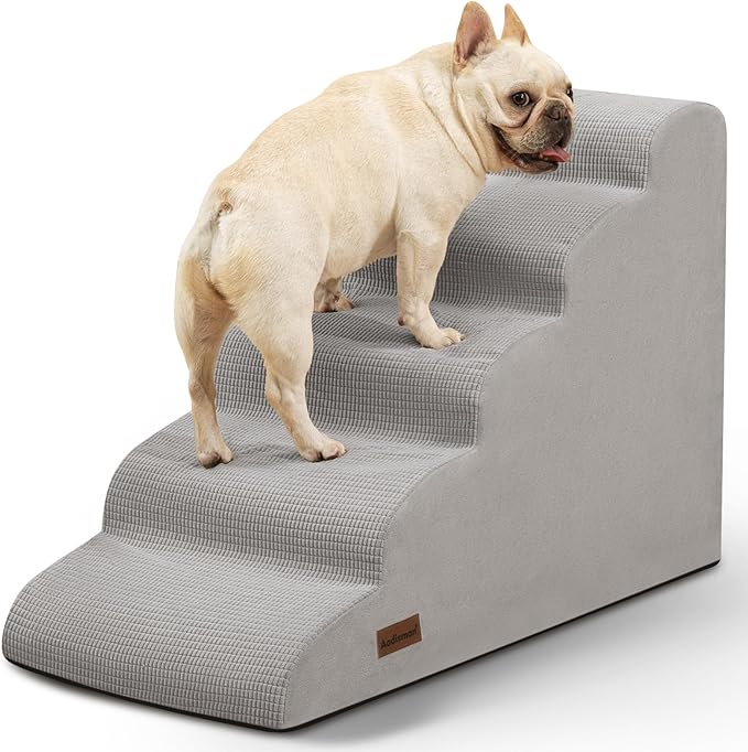 Aodisman 5-Step Dog Stairs and Ramp for High Bed, Non-Slip Sturdy Pet Steps for Small Dogs and Cats,22.2" H,Light Grey