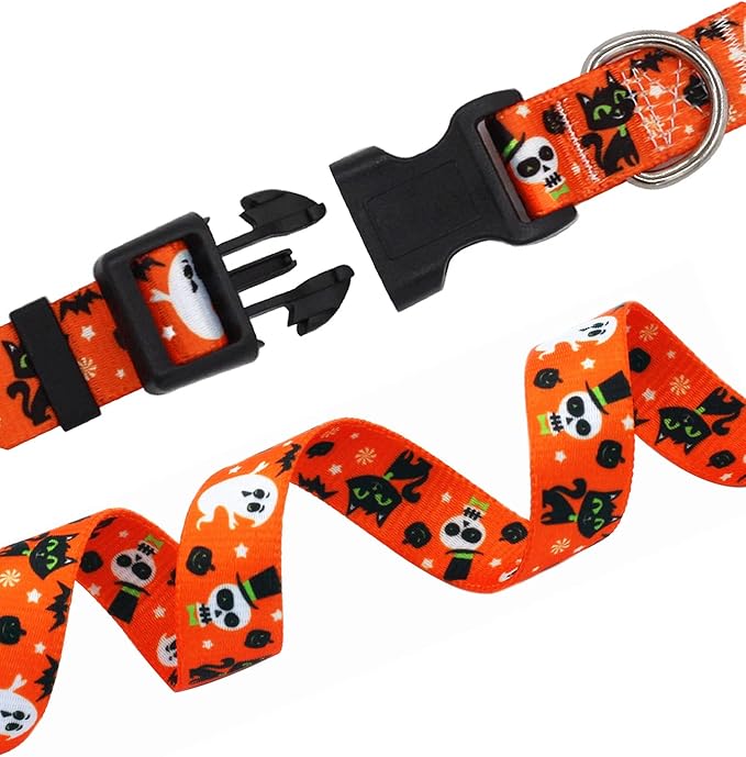 Mihqy Halloween Dog Collar - Pumpkin Bat Ghost Pattern - Adjustable for Small Medium Large Dogs(Halloween,XS)