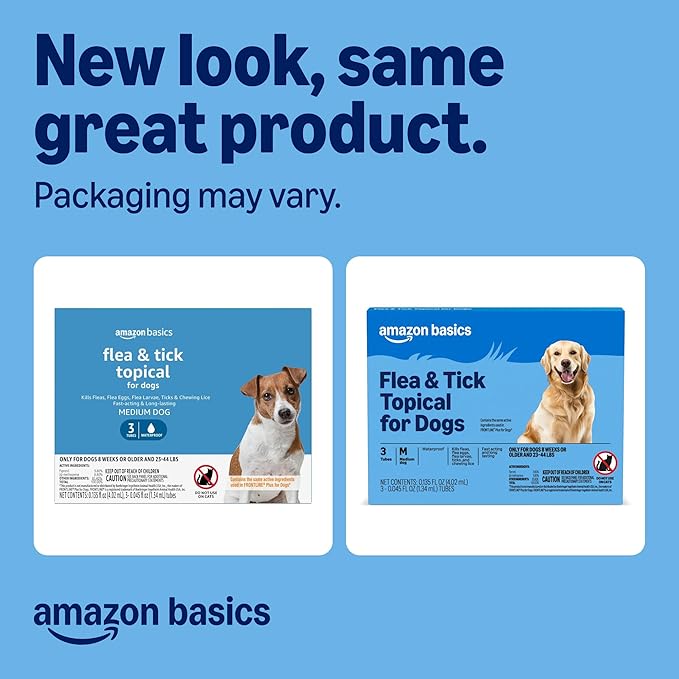 Amazon Basics Preventative Flea and Tick Topical Treatment for Dogs, Medium Dog (23-44 lbs), Fast Acting and Long Lasting, 3 Counts, Packaging May Vary