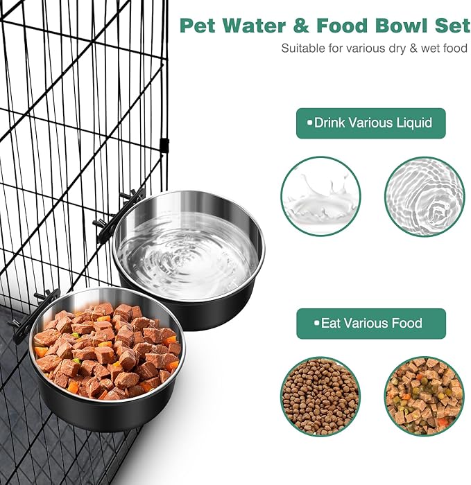 Crate Water Bowl No Spill, 2 Pack Dog Crate Bowls Hanging, Kennel Dog Water Food Bowls Mountable, Pet Cage Accessories Feeder Dish, Large Stainless Steel Coop Cup for Cat Puppy Bunny Guinea Pig Ferret