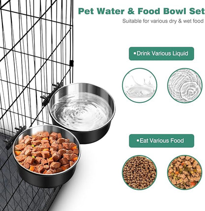 Crate Water Bowl No Spill, 2 Pack Dog Crate Bowls Hanging, Kennel Dog Water Food Bowls Mountable, Pet Cage Accessories Feeder Dish, Large Stainless Steel Coop Cup for Cat Puppy Bunny Guinea Pig Ferret