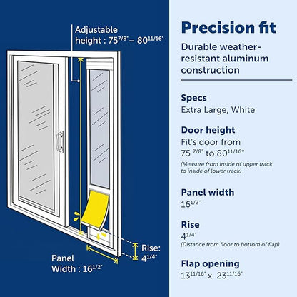 PetSafe Sliding Glass Pet Door - No-Cut DIY Install Doggy Door for Renters - Aluminum Frame - Adjustable Height 75 7/8" to 80 11/16" - Ideal for Extra Large Dogs Up to 220 lb - White