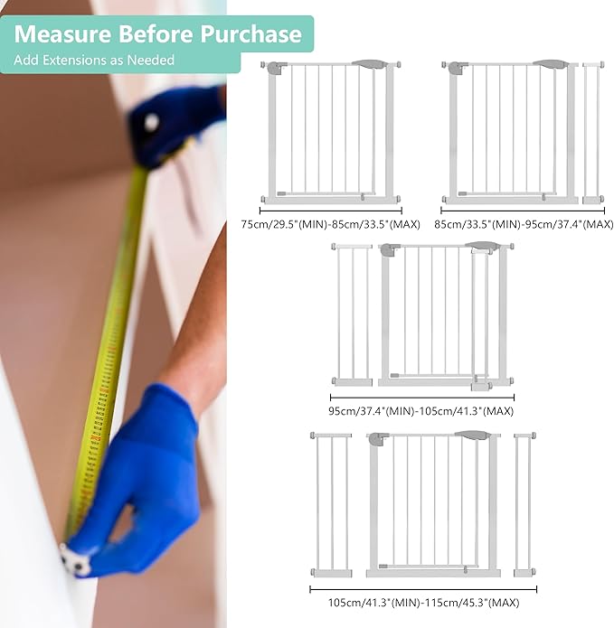 29.5-44.1" Wide Safety Pet Gate, Indoor Dog Gate for Stairs No Jumping Over, No Drilling Pressure Mount Kit, Auto Close Cat Gate Suitable for Stairs, Doorways, White
