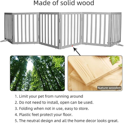 ZJSF Freestanding Indoor Dog Gate for House Foldable Wood Puppy Gate for Doorways Pet Gate for Stairs Extra Wide Pet Fence, Grey, 24" Height 6 Panels