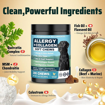 Dog Allergy Chews is Collagen Omega 3 Human Anti Itch Relief for Dogs Multivitamin Itching Skin Relief and Aller Immune Pet Allergy Chews Coat Licking Supplement Pills Meds Treats 200 Bites for Dogs