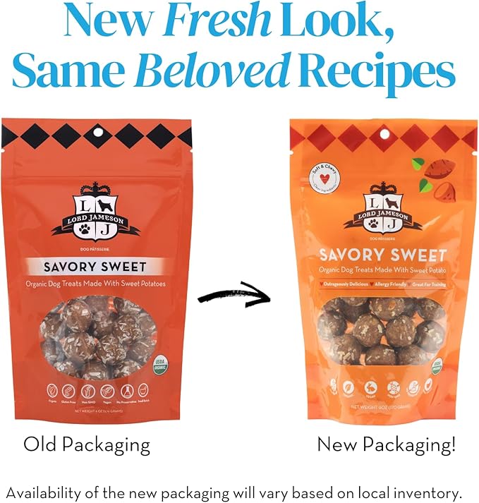 Lord Jameson Savory Sweet Soft & Chewy Organic Dog Treats - Carrot & Sweet Potatoes- Gluten-Free, Preservative-Free, USDA Certified Organic – For All Life Stages - Made in USA 6 oz